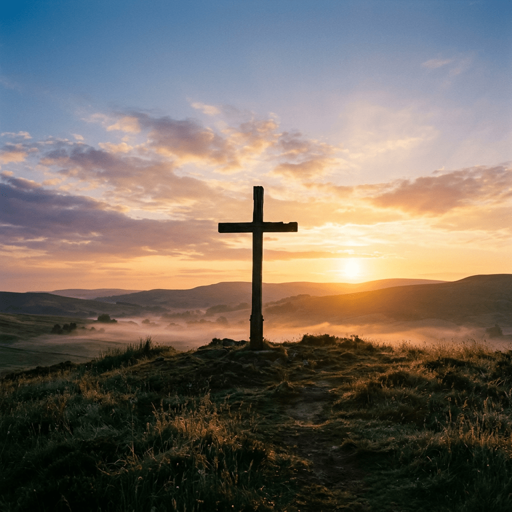 Wooden cross on a grassy hilltop with sunrise and mist in the background