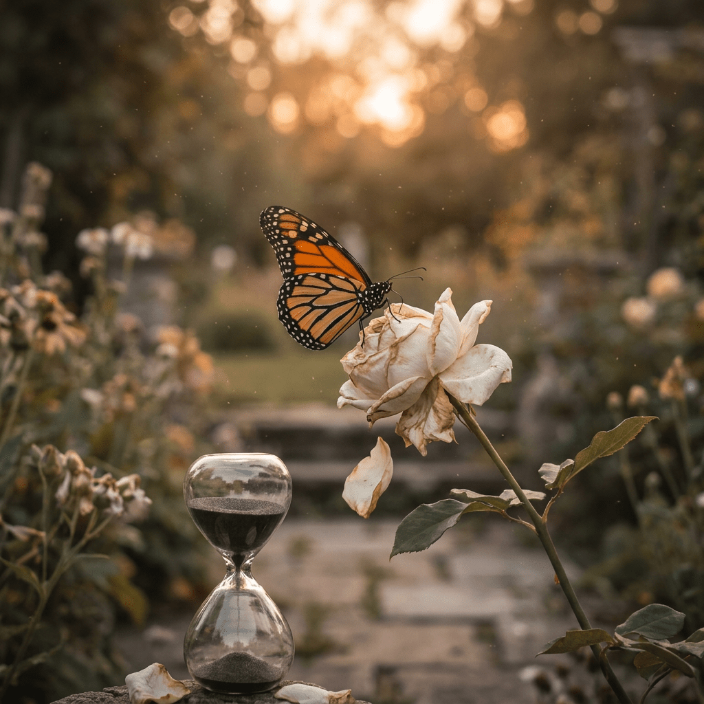 Monarch butterfly perched on a wilted white rose near a glass hourglass with dark sand