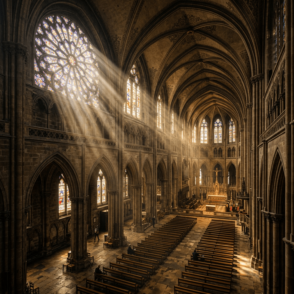 Interior view of a Gothic cathedral with sunrays streaming through stained glass windows and rows of wooden pews