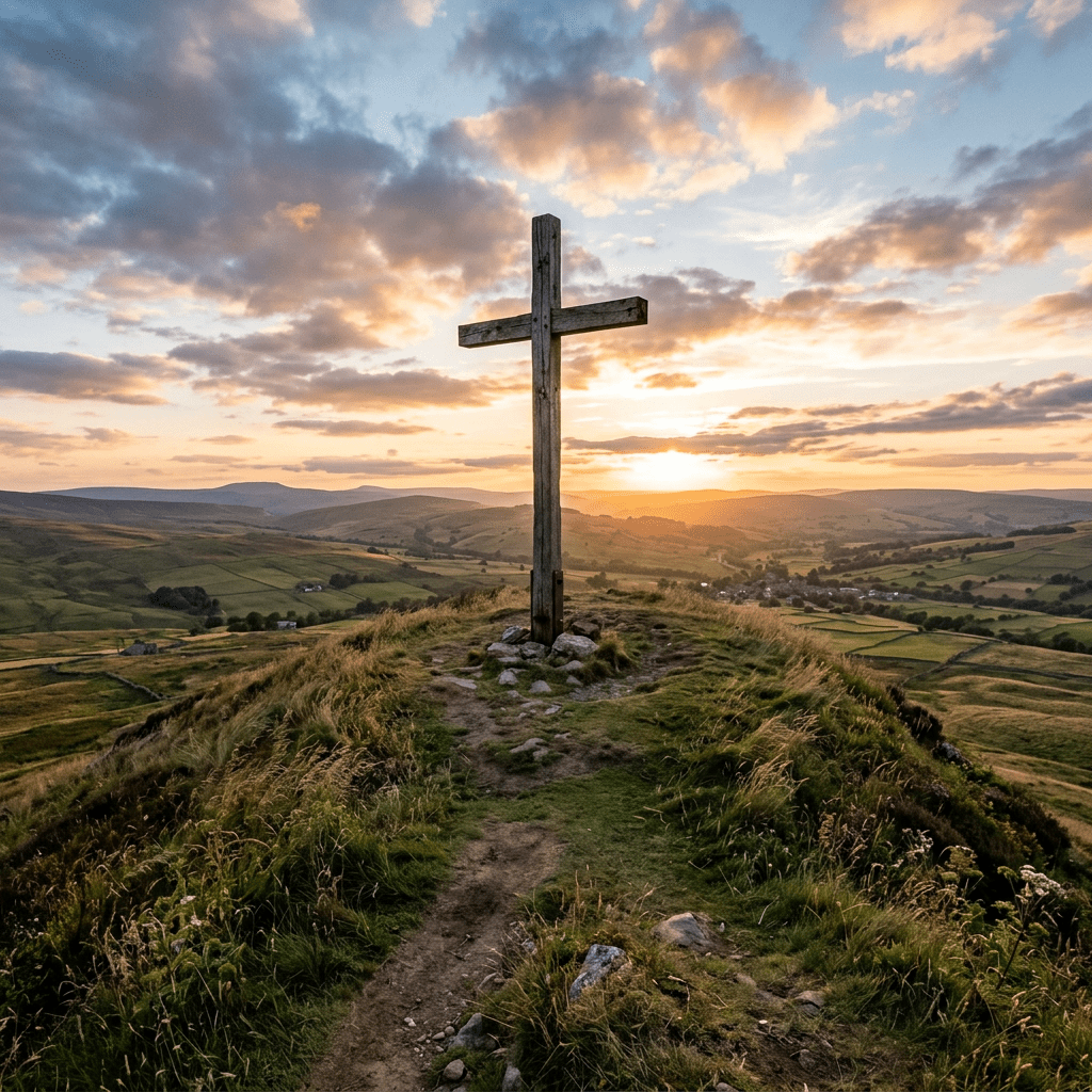 Wooden cross on a hill with a sunset and sprawling valley in the background