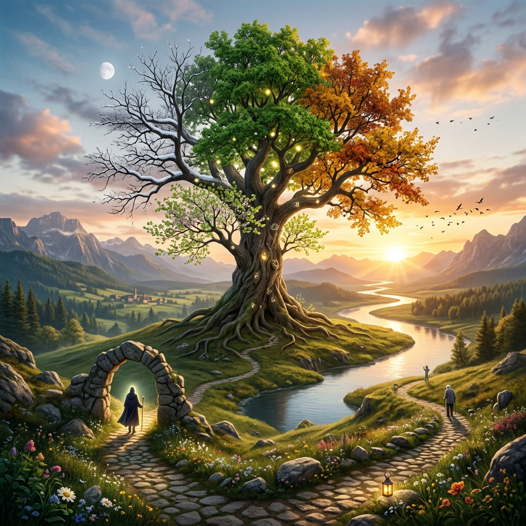 Large tree with branches showing winter, spring, summer, and autumn in a scenic landscape with a river and people walking
